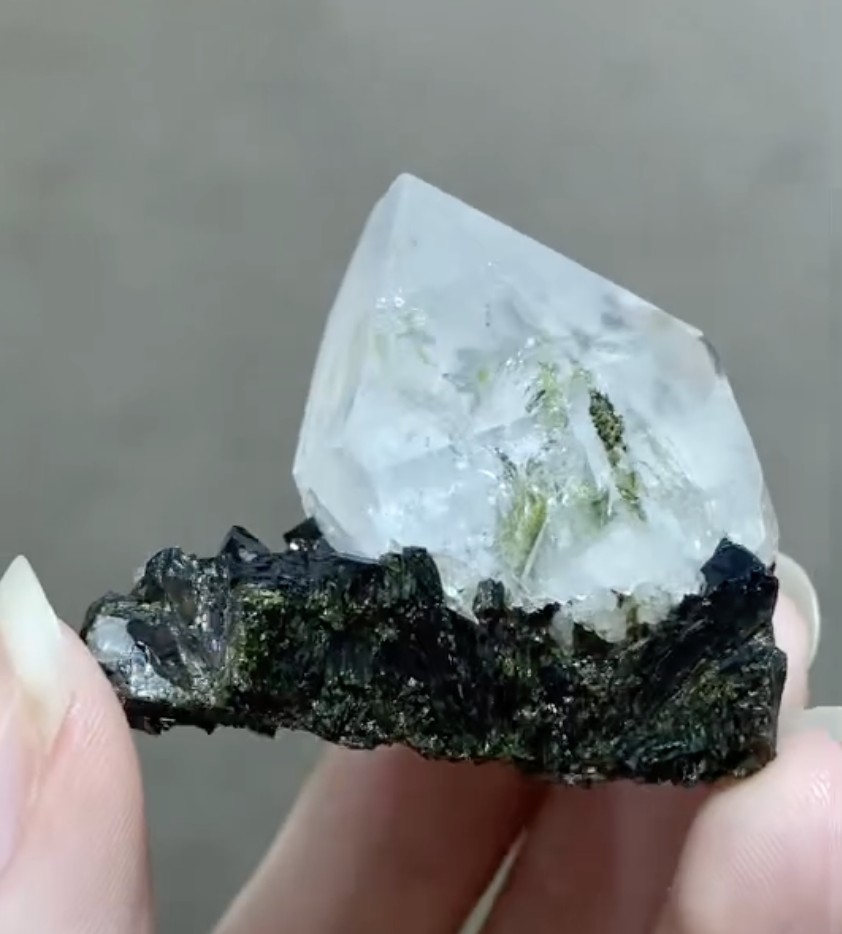 Quartz with Epidote Inclusions - Crystal on Forest-Green Epidote Matrix